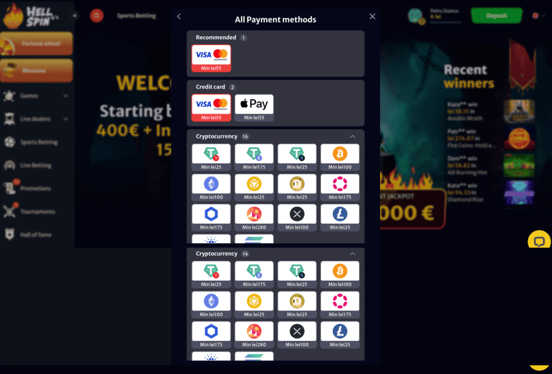 Depuneri la Hellspin România card, Apple Pay și crypto